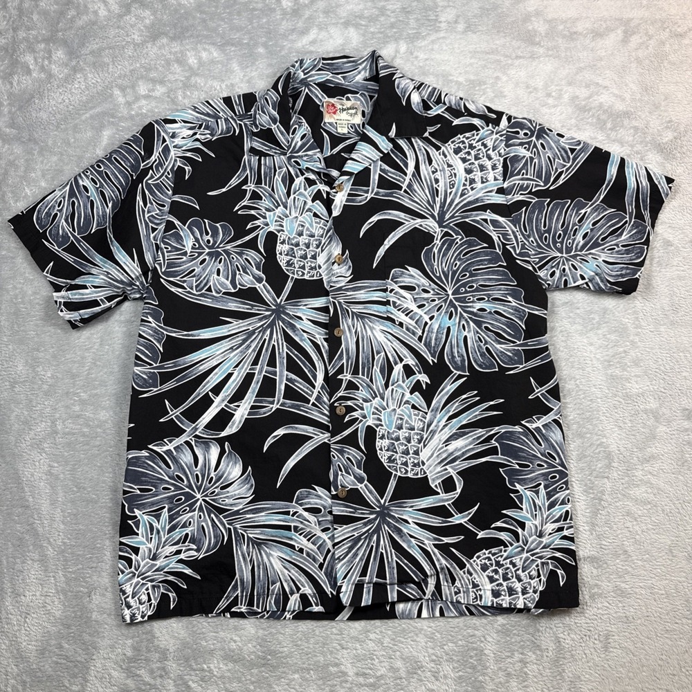 Hilo Hattie Hawaiian Shirt Men Large Black Floral Monstera Cotton USA